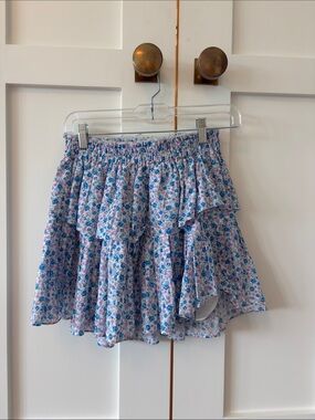 LoveShackFancy tiered ruffle cotton mini skirt blue and purple flowers
